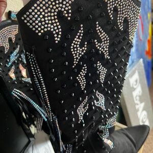 Black fringed bling black studded cowboy western boots